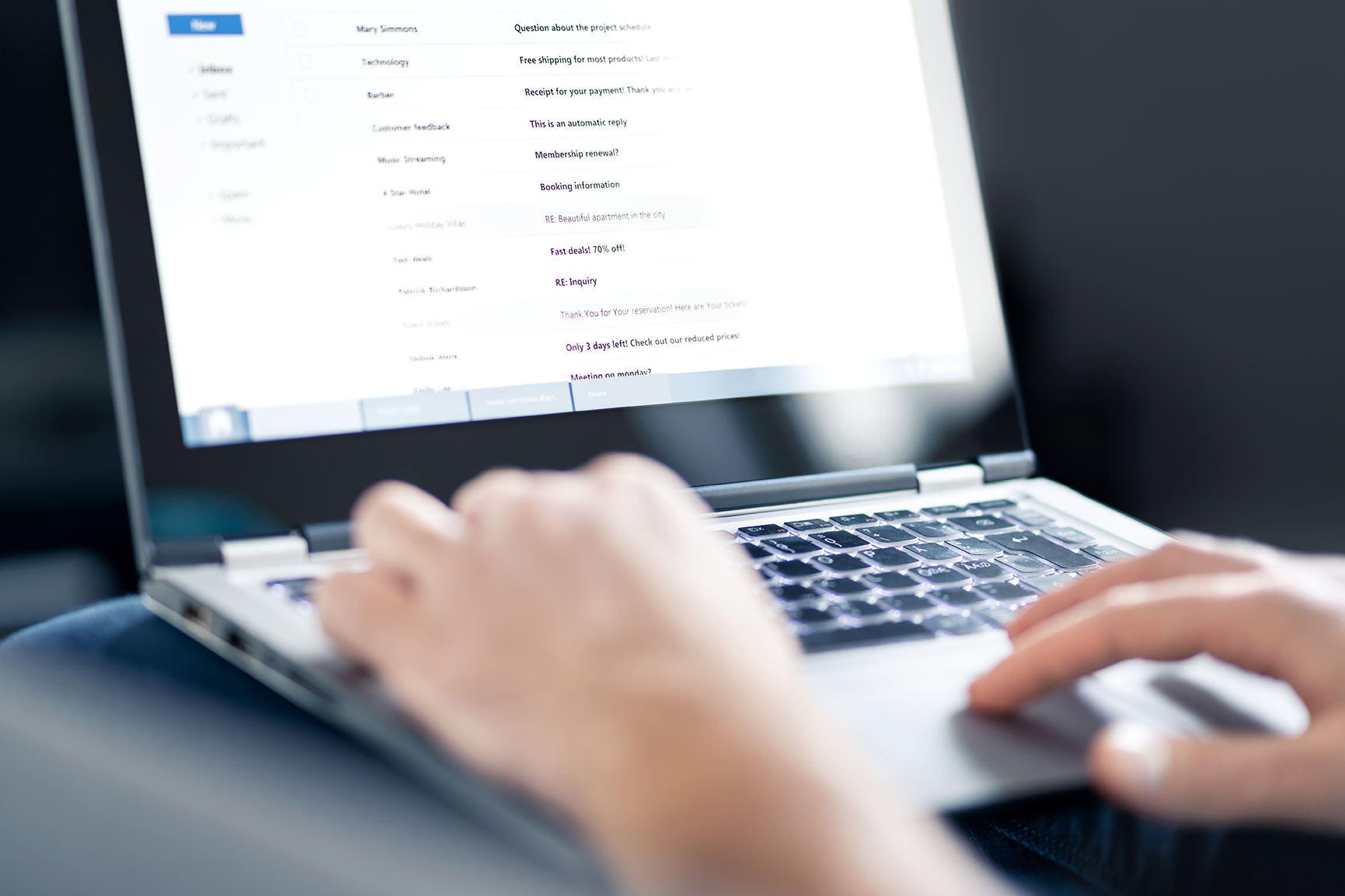 Email inbox full of messages and text. Man reading electronic ma